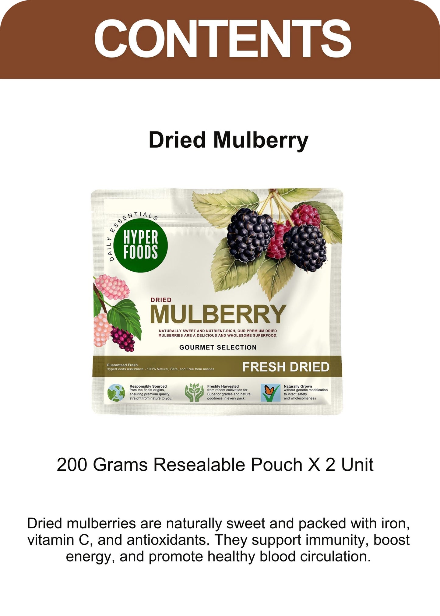 Dried MulBerry Resealable Pouch 400gm (200gm x 2 Pack)