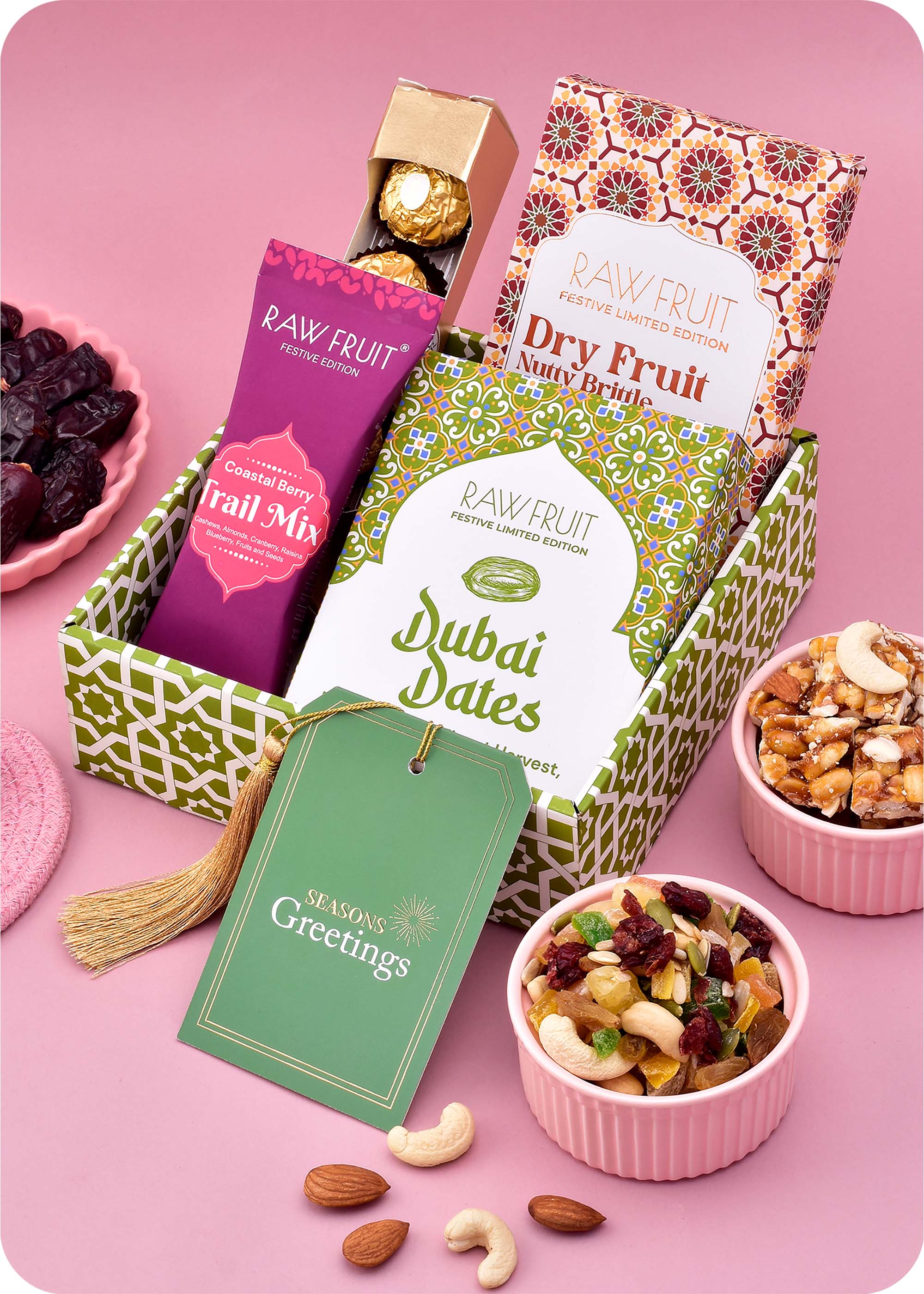 Brittle, Chocolate with Dry Fruits Gift Hamper including dubai dates, dry fruit nutty brittle, trail mix and ferrero rocher chocolate