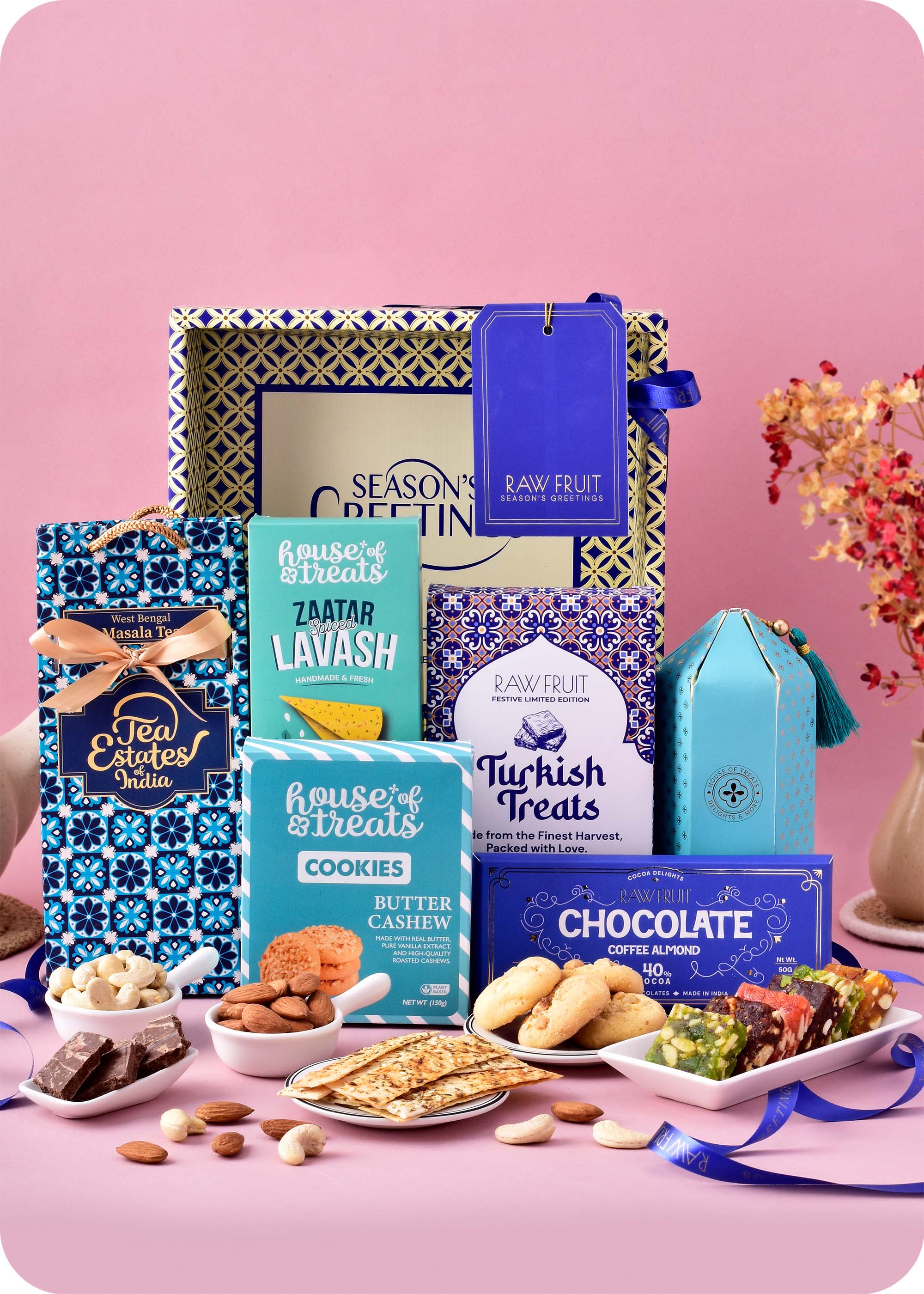 Chcocolate, Snacks & Cookies with Dry Fruits Gift Hamper including butter cashew cookies, lavash snacks, turkish treat, masala tea, coffee almond chocolate bar, cashews and almonds