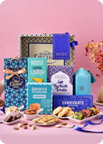 Chcocolate, Snacks & Cookies with Dry Fruits Gift Hamper including butter cashew cookies, lavash snacks, turkish treat, masala tea, coffee almond chocolate bar, cashews and almonds