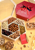 Choco Nuts and Dry Fruits Delight Gift Pack including Almonds, Cashews, Pistachios, Golden Raisins, Dates, Walnuts, Chocolate Coated Coffee Dragees