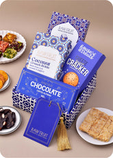 Chocolate Bar Brittle with Snacks Gift Hamper including coconut crunch brittle, turkish treat, cheese cracker sancks, coffee almond chocolate bar