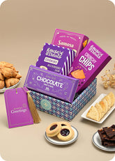 Chocolate Bar, Snacks with Cookies Gift Hamper including dry masala samosa, blueberry jam cookies, pita chips snacks, fruit & nut chocolate bar