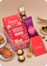 Chocolate, Trail MIx with Sweets Gift Hamper including chana badam barfi, french heart cookies, trail mix, ferrero rocher chocolate