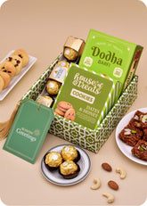 Chocolate with Sweets Gift Hamper including dodha barfi, dates & honey cookies, ferrrero rocher chocolate