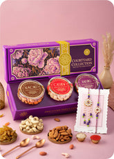 Courtyard Collection - 375 Grams Set of 3 Dry Fruits with Bhaiya Bhabhi Rakhi Set cashews, almonds and raisins.
