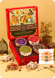 Courtyard Collection - 495 Grams Set of 4 Dry Fruits with Set of 3 Rakhi cashews, almonds, raisins and pistachios.