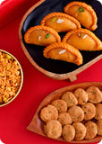 Holi gift pack Shahi Gujiya, Khatta Meetha Mix, & Methi Swali