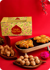 A Holi gift pack containing Shahi Gujiya, Kachori, Samosa and herbal gulal.