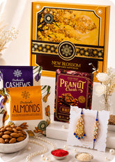 Festive Dry Fruits Gift Pack, Brittles with Bhaiya Bhabhi Rakhi Set