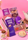 Dry Fruits, Cookies & Snacks with Tea Gift Hamper including blueberry jam cookies, baklawa, pita chips snacks, kashmiri kahwa tea, cashews and almonds