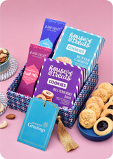 Dry Fruits with Cookies Gift Hamper including blueberry jam cookies, butter cashew cookies, nut mix, trail mix