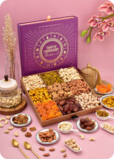 Festive Delight Dry Fruits Gift Box including cashews, almonds, raisins, dates, pistachios, walnuts, roasted cashews, apricots, penuts