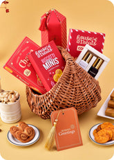 Gift Basket: Sweets & Gourmet Snacks including chana badam barfi, french heart cookies, pizza mini, cashews and almonds