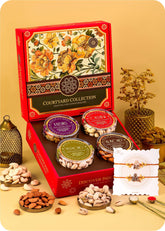 Rakshabandhan Gift Box: Dry Fruits with 2 Rakhi including Cashews, Almonds, Raisins and Pistachios.