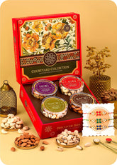 Rakshabandhan Gift Box: Dry Fruits with 3 Rakhi including Cashews, Almonds, Raisins and Pistachios.