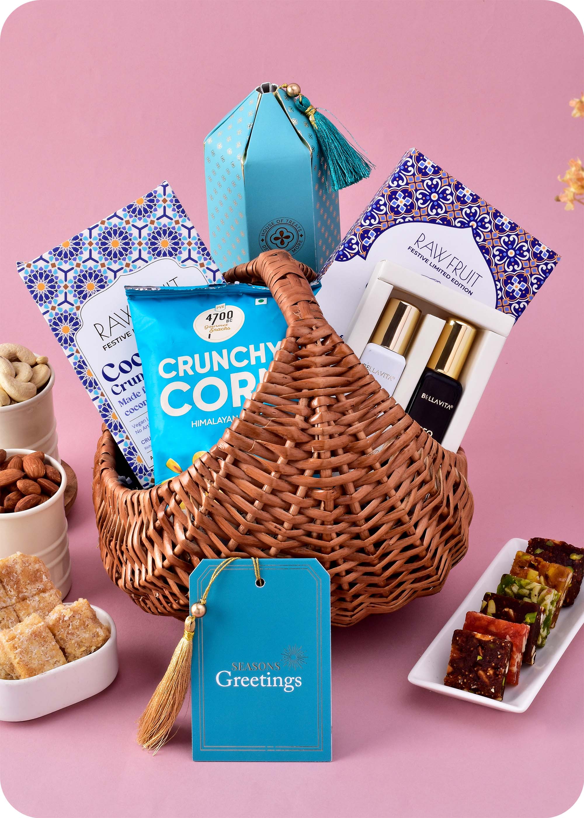 Gift Hamper: Bella Vita Perfume, Crunchy Snacks & Premium Dry Fruits