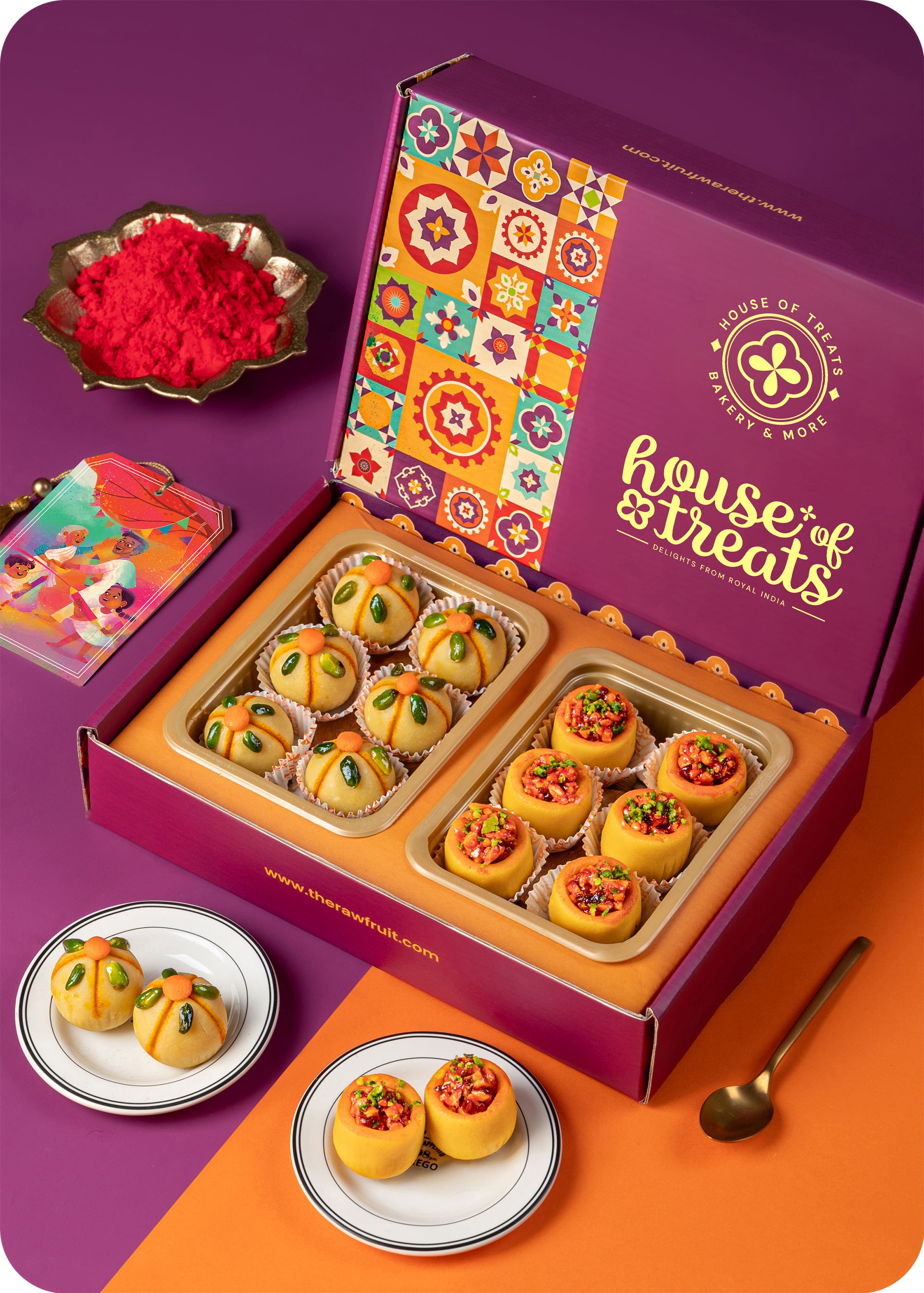 Holi gift pack with festive treats and colorful packaging, pan ladoo, thandai ladoo and herbal gulal.