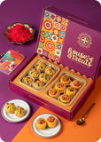Holi gift pack with festive treats and colorful packaging, pan ladoo, thandai ladoo and herbal gulal.