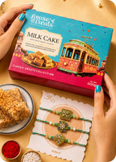 Double Delights : Milk Cake Sweet with set of 3 Rakhi