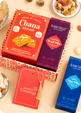 Nuts and Sweets Gift Hamper including chana badam barfi, trail mix, nut mix