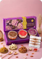 Rakhi Gift Box: Dry Fruits with Rakhi Set of 3 including Cashews, Almonds and Raisins.