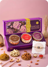 Rakhi Gift Box: Dry Fruits with Rakhi including Cashews, Almonds and Raisins.