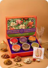 Rakhi Gifts: Dry Fruits with Bhaiya Bhabhi Rakhi Set including Cashews, Almonds, Raisins, Walnuts, Pistachios & Dates.