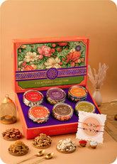 Rakhi Gifts: Dry Fruits with Rakhi Set of 2 including Cashews, Almonds, Raisins, Walnuts, Pistachios & Dates.