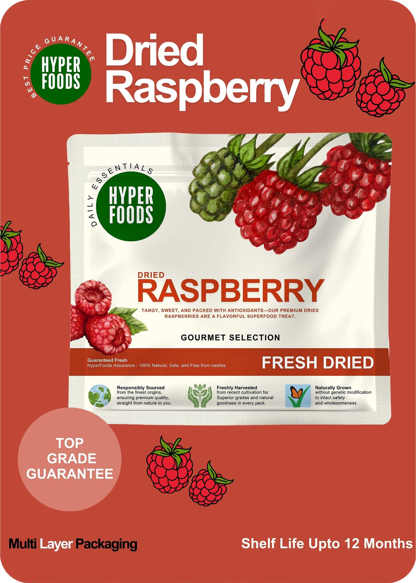 Dried RaspBerry Resealable Pouch 400gm (200gm x 2 Pack)