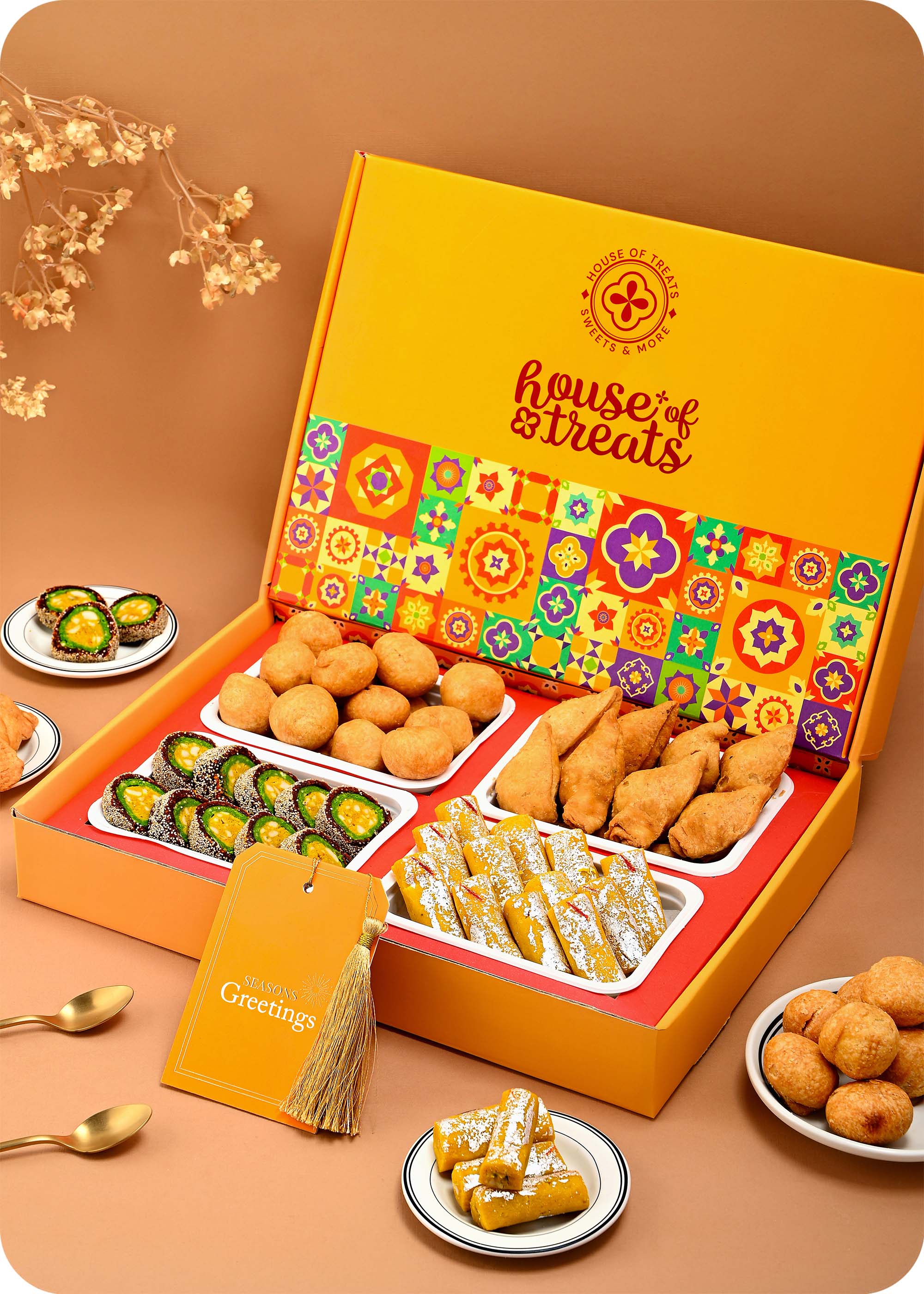 Sweet Delights Collection for Festive Celebrations including Anjeer Chakkar, Kesar Roll, Kachori & Samosa