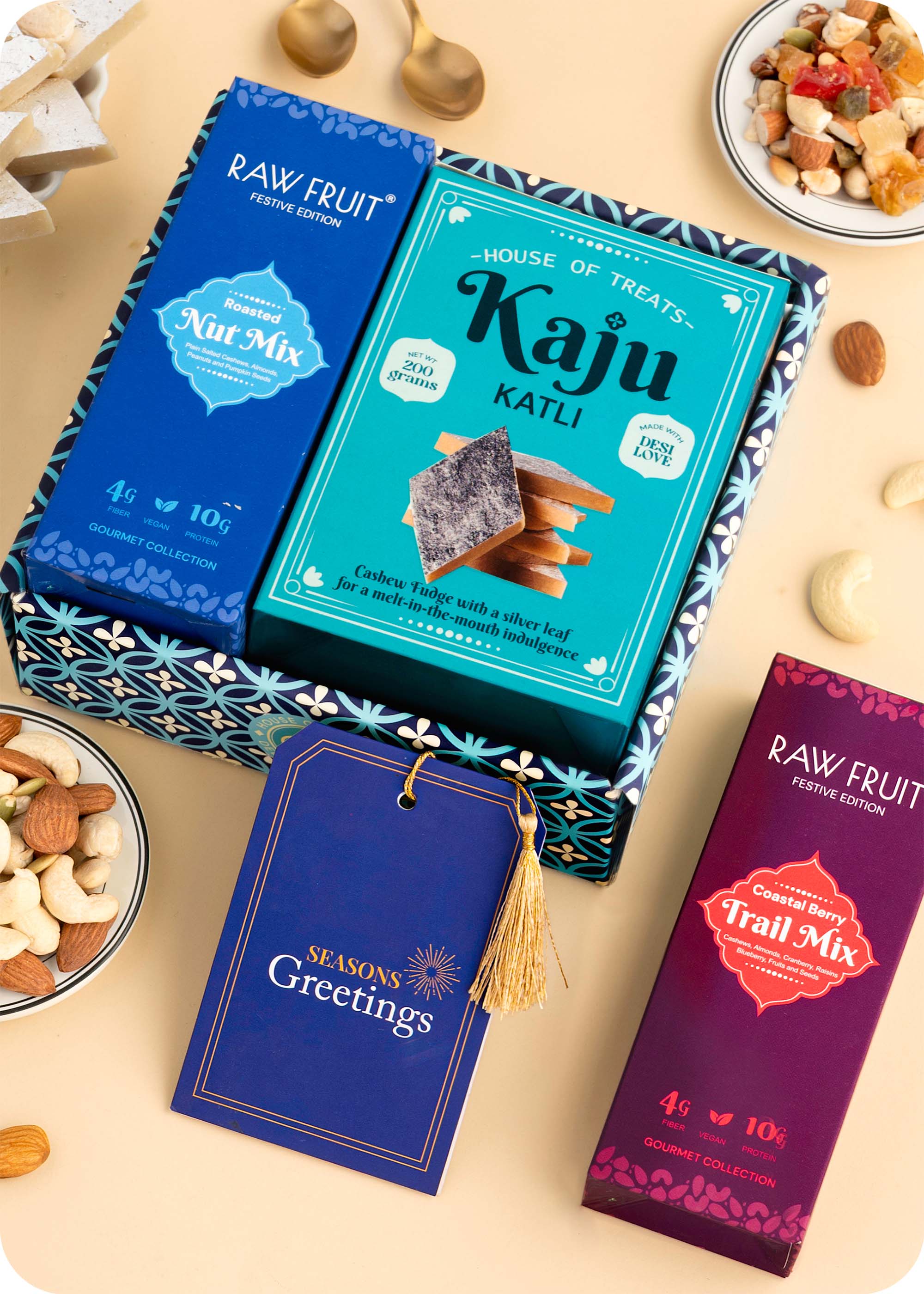 Sweets & Dry Fruits Gift Hamper including kaju katli, nut mix and trail mix