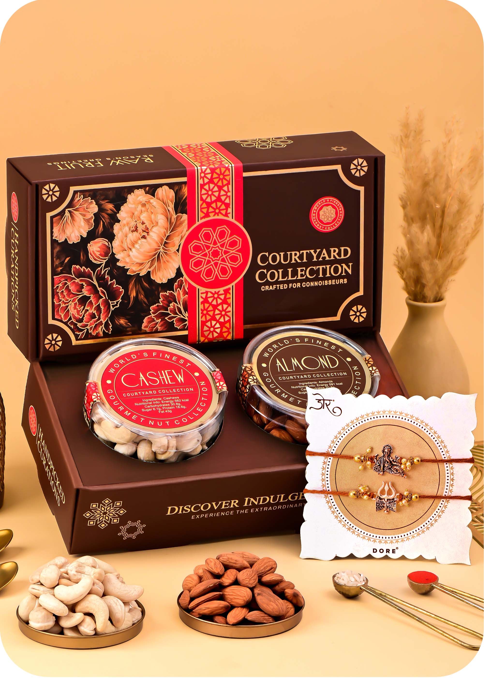 Courtyard Collection - 250 Grams Set of 2 Dry Fruits with Set of 2 Rakhi including Cashews and Almonds.