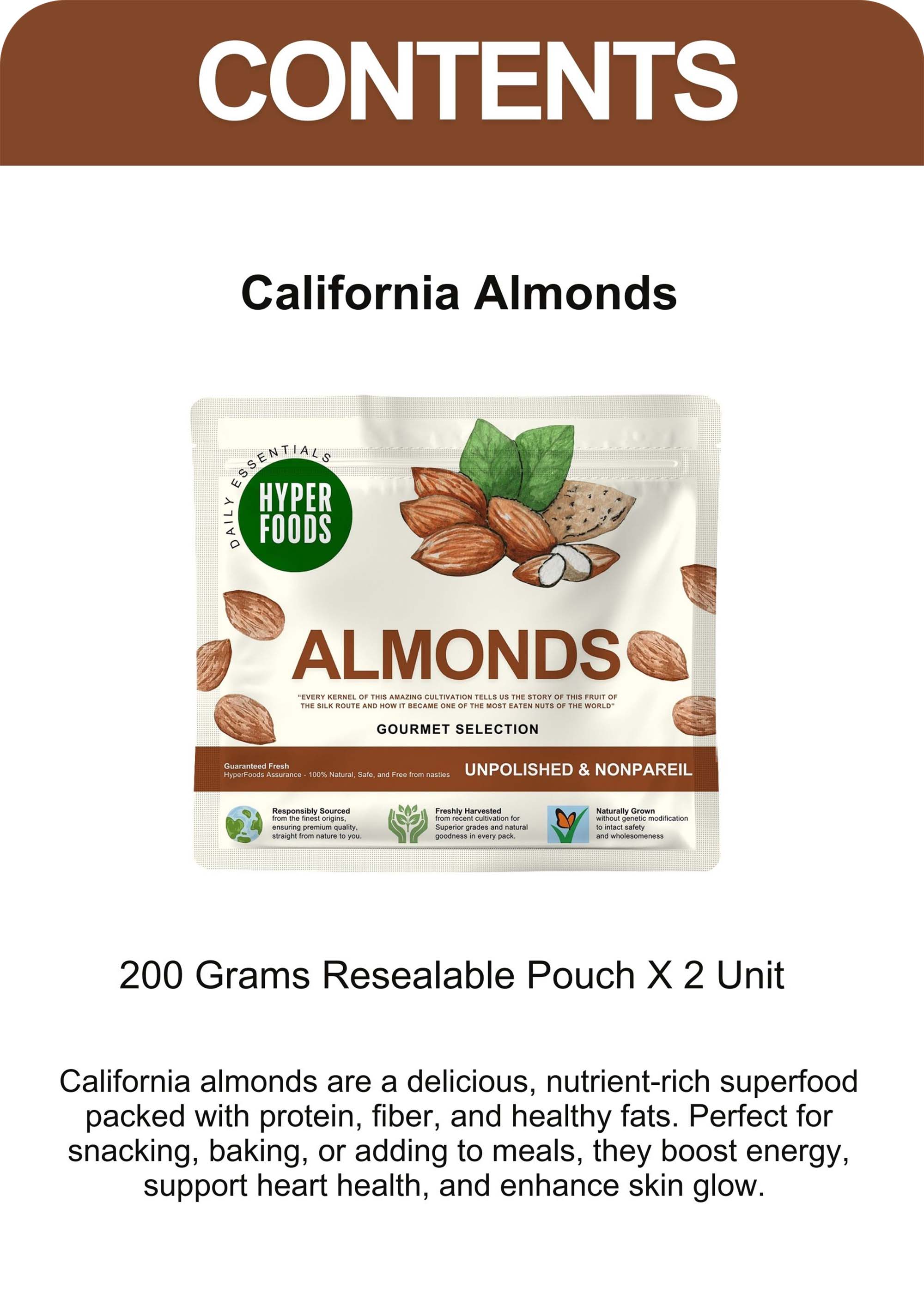 California Almonds Resealable Pouch 400gm (200gm x 2 Each)
