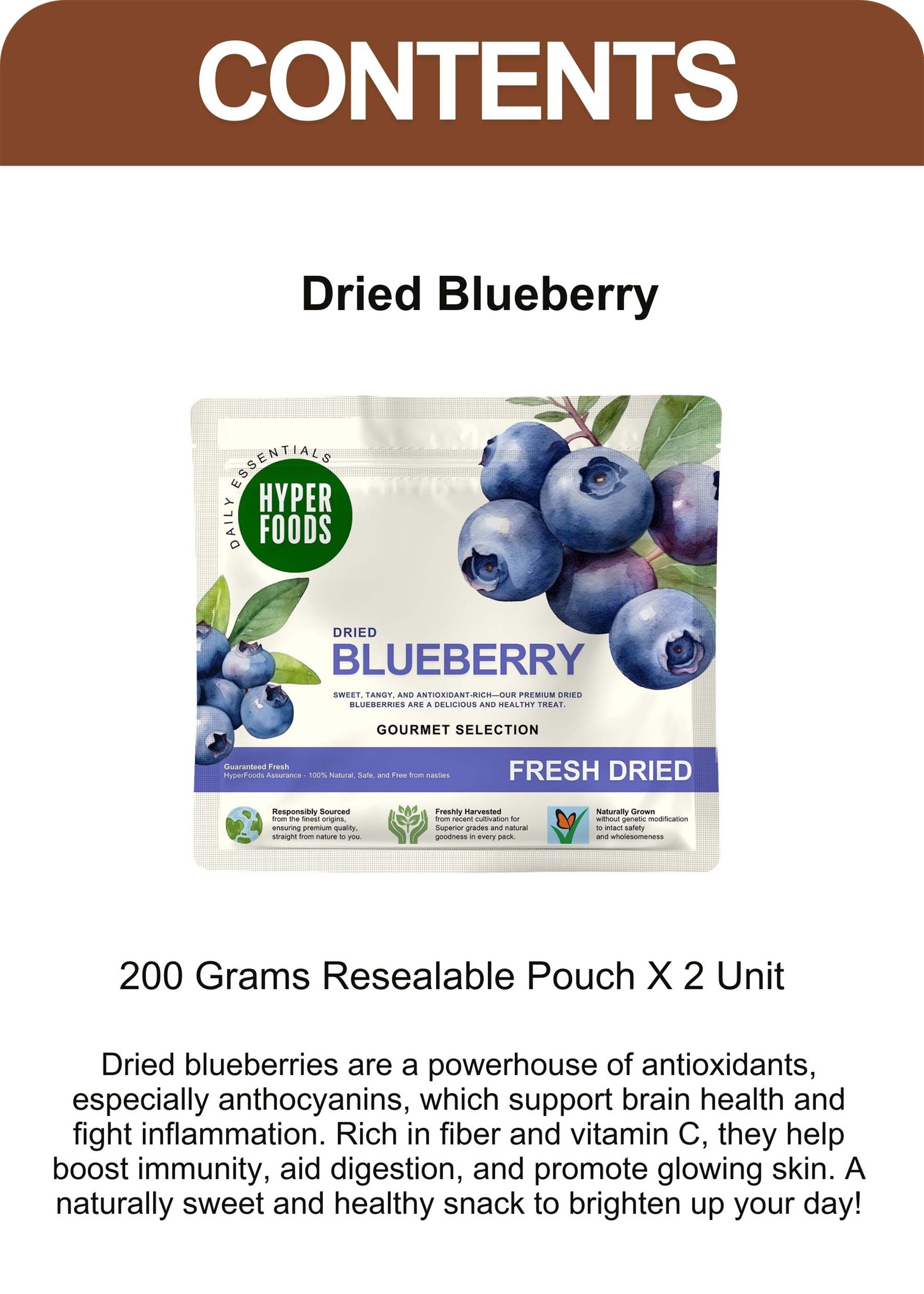 Dried BlueBerry Resealable Pouch 400gm (200gm x 2 Pack)