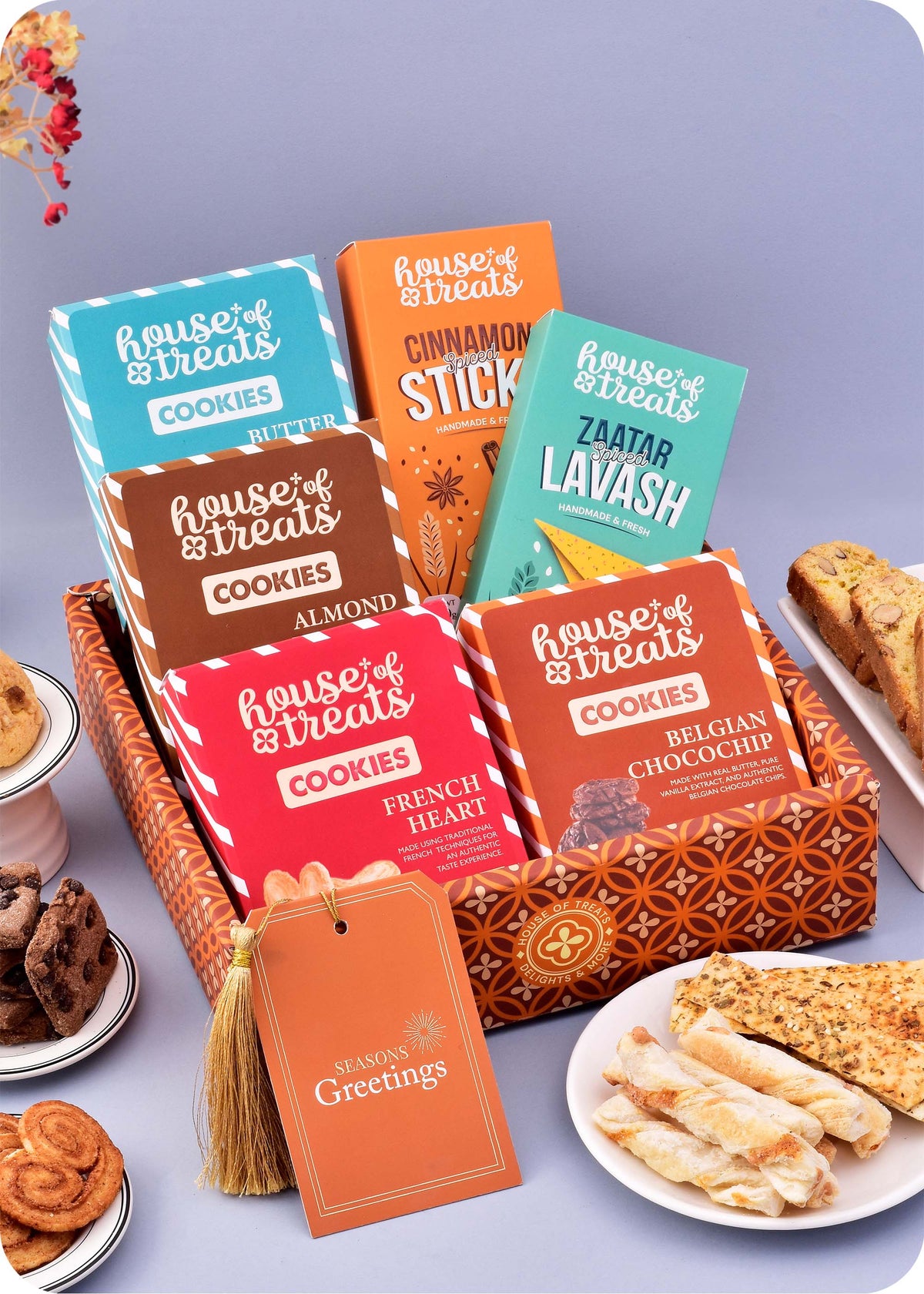 Cookies, Snacks Hamper Gift Box including french heart cookies, belgian chocochip cookies, almond biscotti cookies, butter cashew cookies and cinnamon sticks snacks, spiced lavash snacks.
