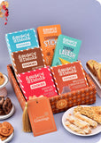 Cookies, Snacks Hamper Gift Box including french heart cookies, belgian chocochip cookies, almond biscotti cookies, butter cashew cookies and cinnamon sticks snacks, spiced lavash snacks.