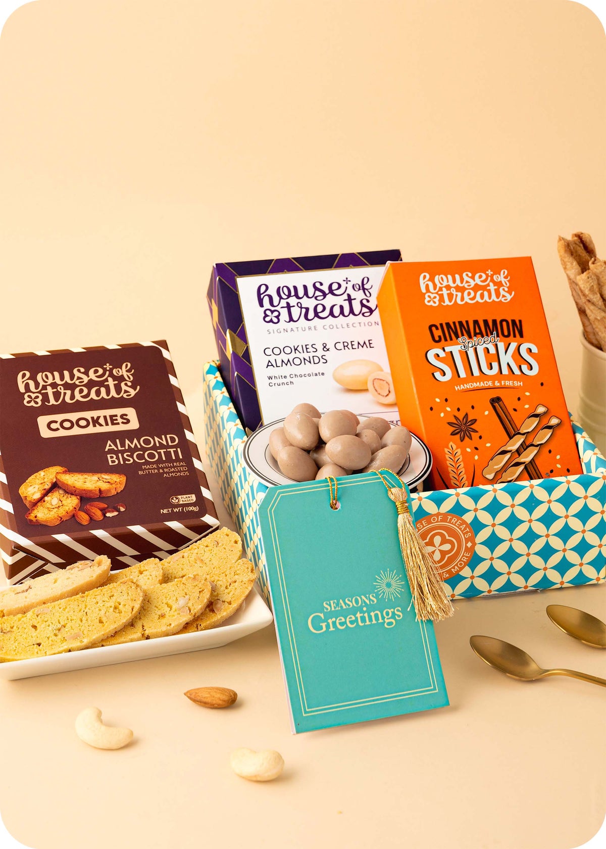Cookies, Snacks Hamper Gift Pack including almond biscotti cookies, cookies & creme almond dragees, cinnamon sticks snacks