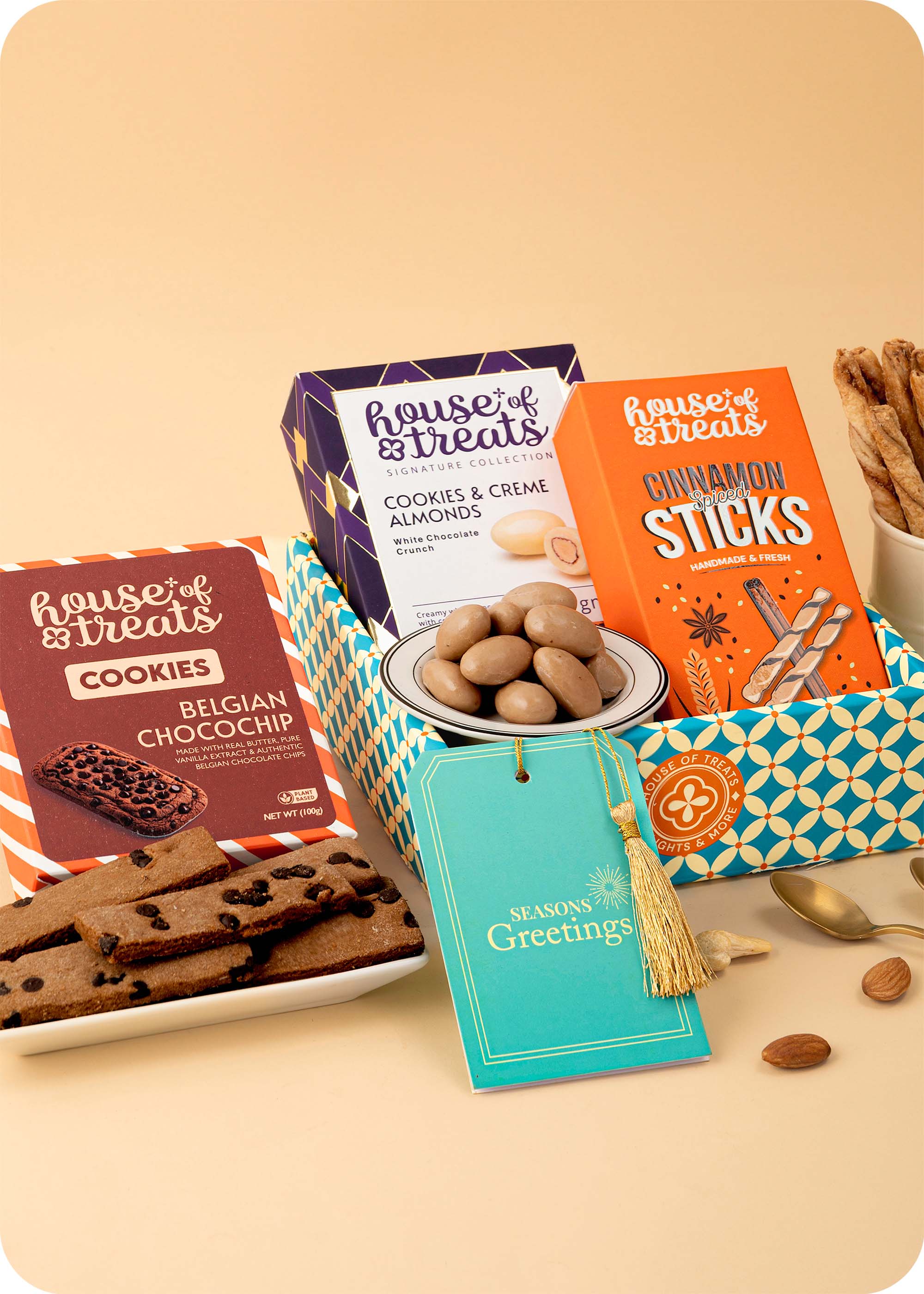 Cookies with Snacks Gift Hmaper including creme alminds dragees, belgian  chocochip cookies, cinnamon sticks