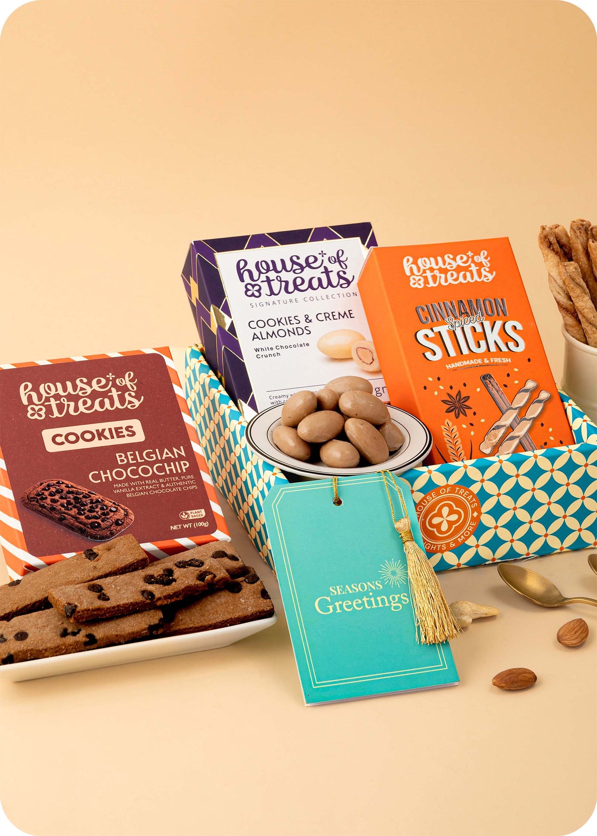 Cookies with Snacks Gift Hmaper including creme alminds dragees, belgian  chocochip cookies, cinnamon sticks