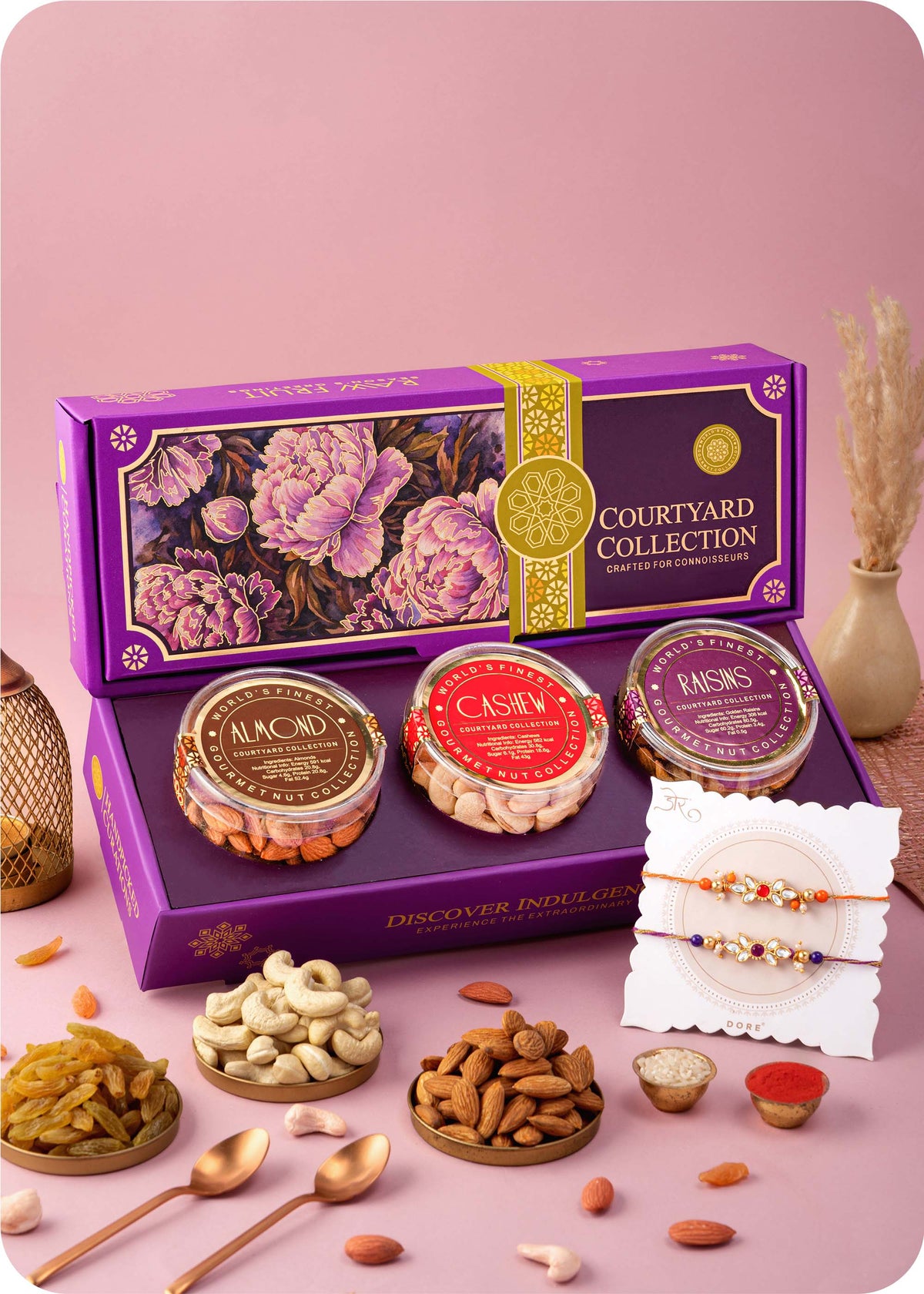Courtyard Collection - 375 Grams Set of 3 Dry Fruits with Set of 2 Rakhi cashews, almonds and raisins.