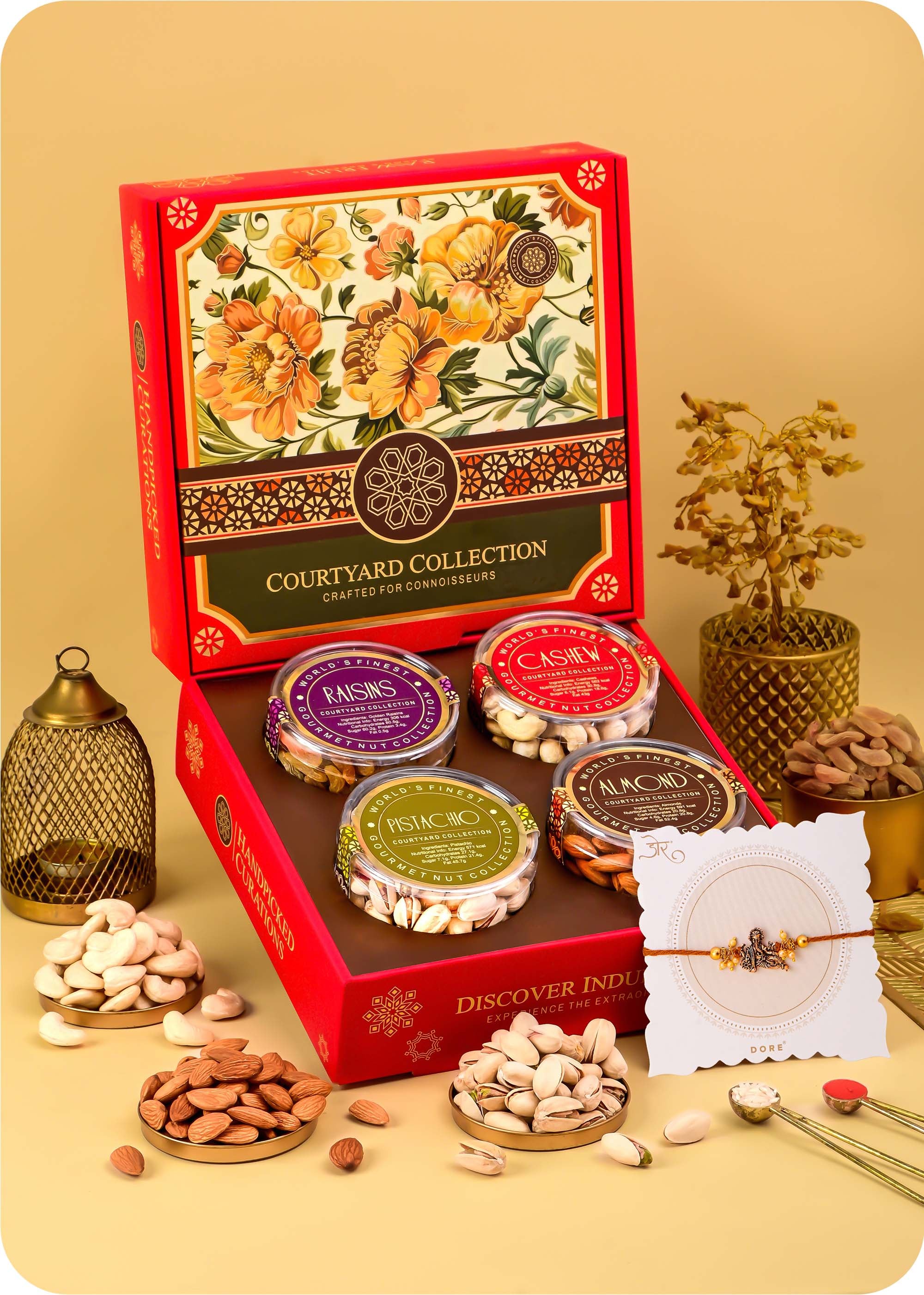 Courtyard Collection - 495 Grams Set of 4 Dry Fruits with Rakhi cashews, almonds, raisins and pistachios.