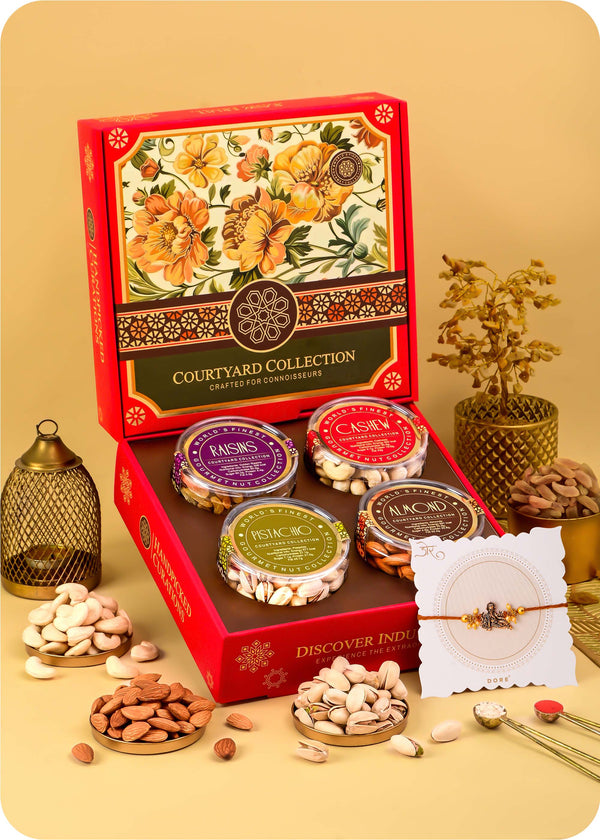 Courtyard Collection - 495 Grams Set of 4 Dry Fruits with Rakhi