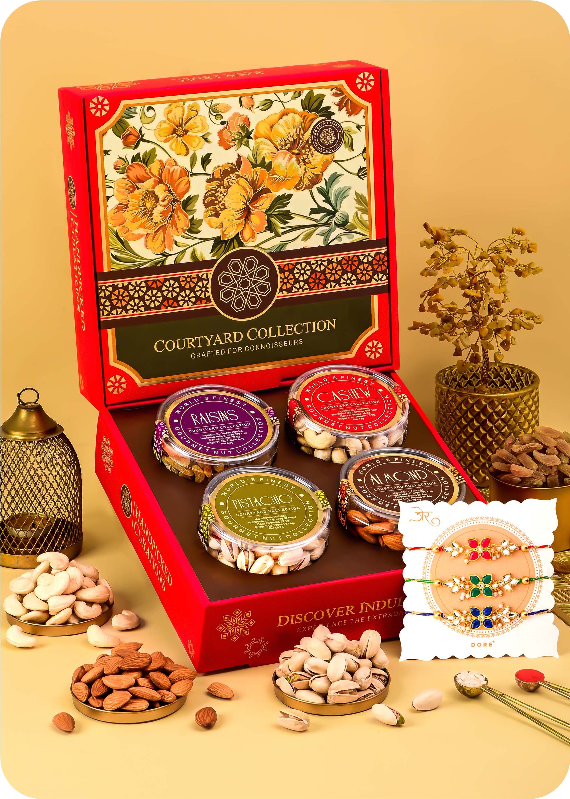 Courtyard Collection - 495 Grams Set of 4 Dry Fruits with Set of 3 Rakhi cashews, almonds, raisins and pistachios.