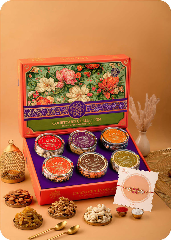 Courtyard Collection - 745 Grams Set of 6 Dry Fruits with Rakhi
