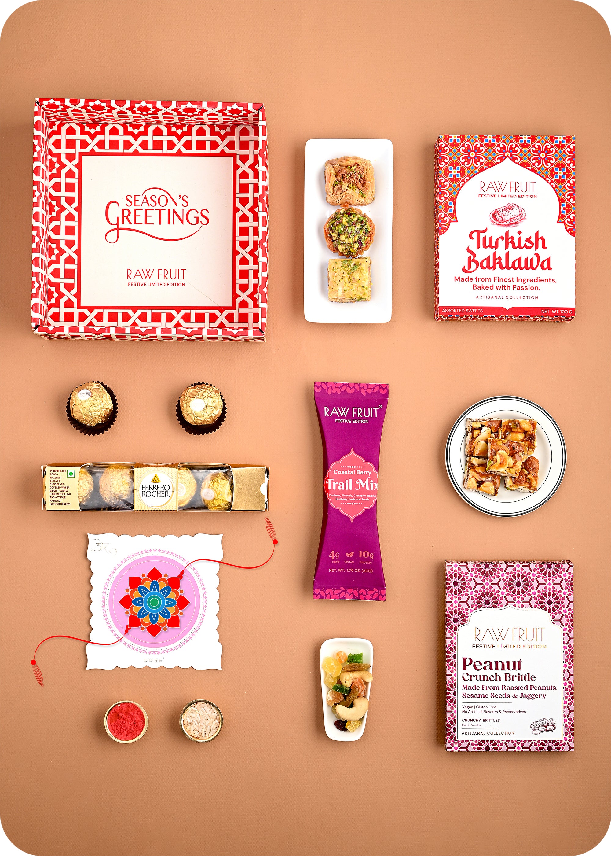 Hamper Tray Dry Fruit, Chocolate, Peanut Brittle with Bhaiya Bhabhi Rakhi
