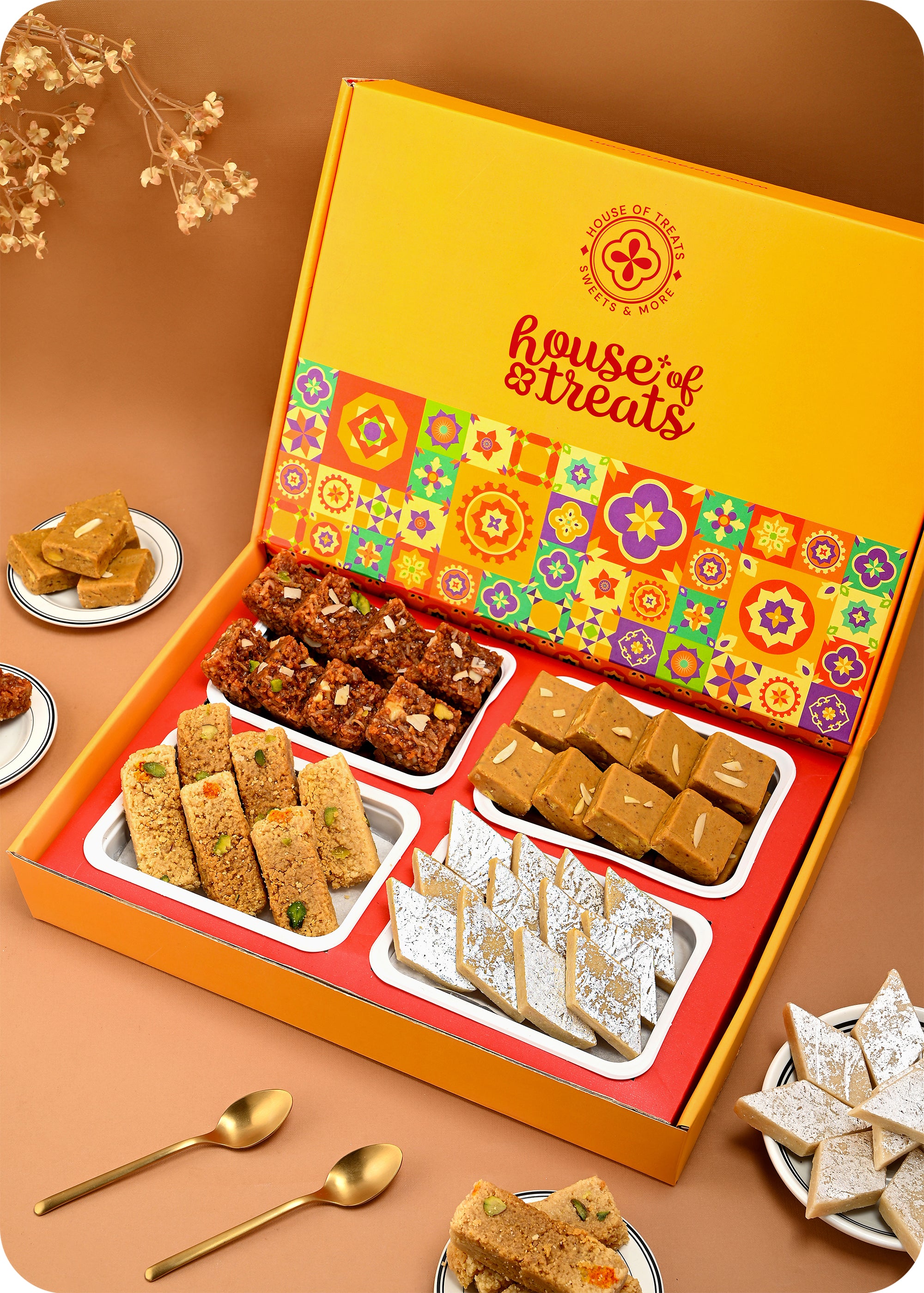 Traditional Bhai Dooj Gift Box: Dodha Barfi, Chana Badam Barfi, Kaju Katli & Milk Cake