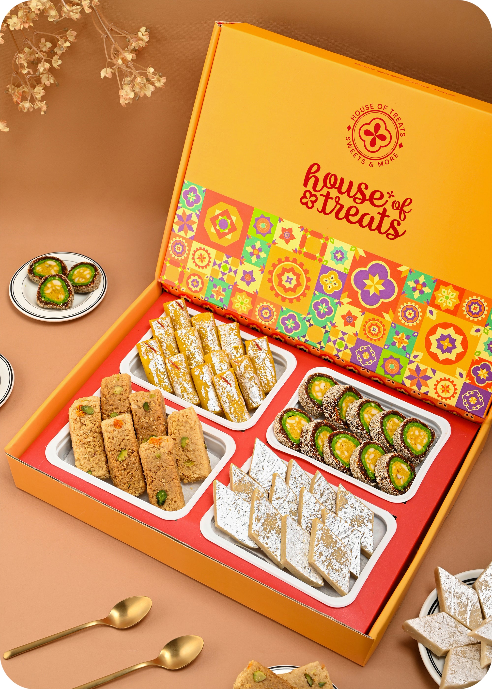 Traditional Bhai Dooj Gift Box: Kaju Katli, Milk Cake, Anjeer Chakkar & Kesar Roll