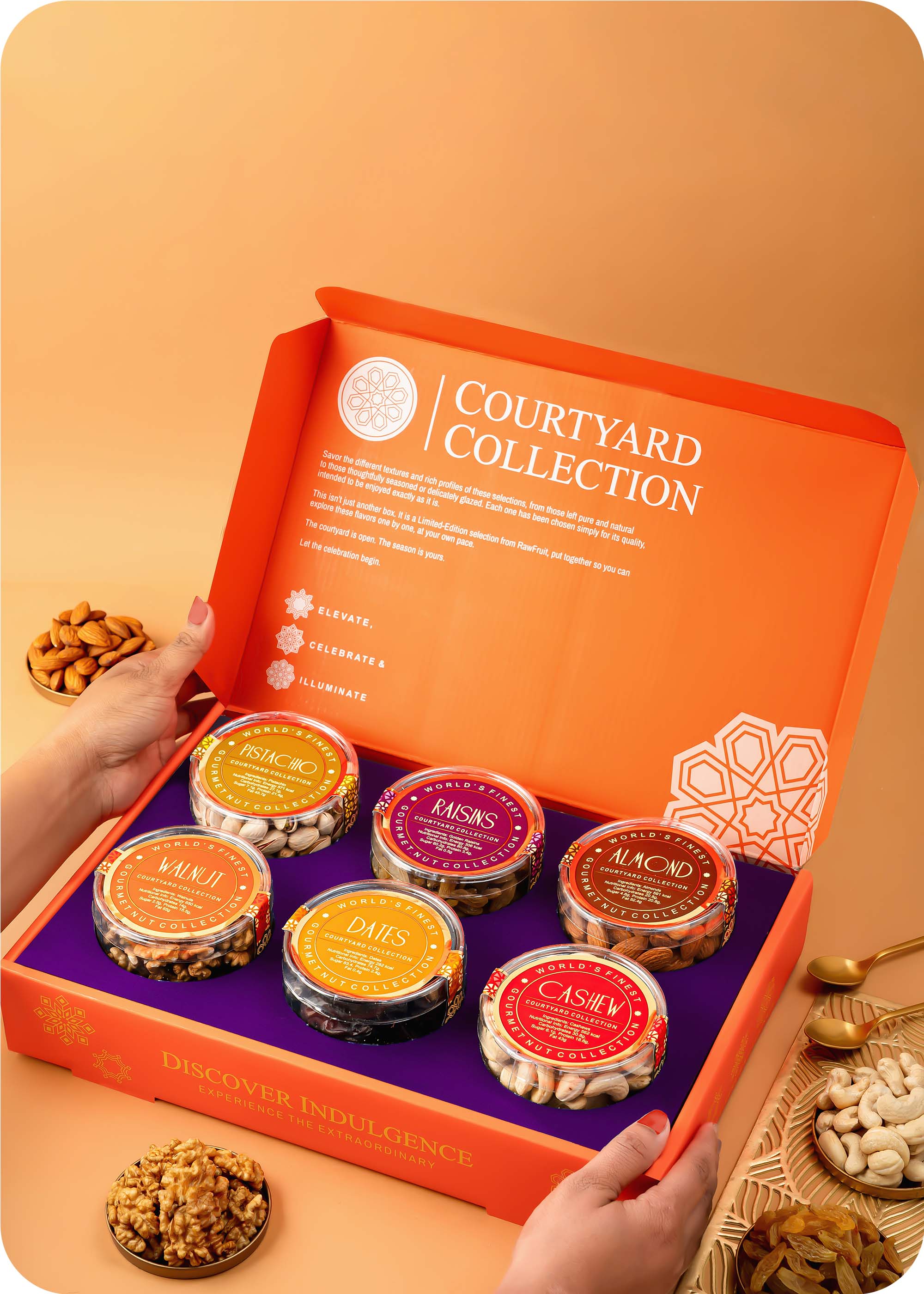 Courtyard Collection - 745 Grams Set of 6 Dry Fruits with Bhaiya Bhabhi Rakhi Set