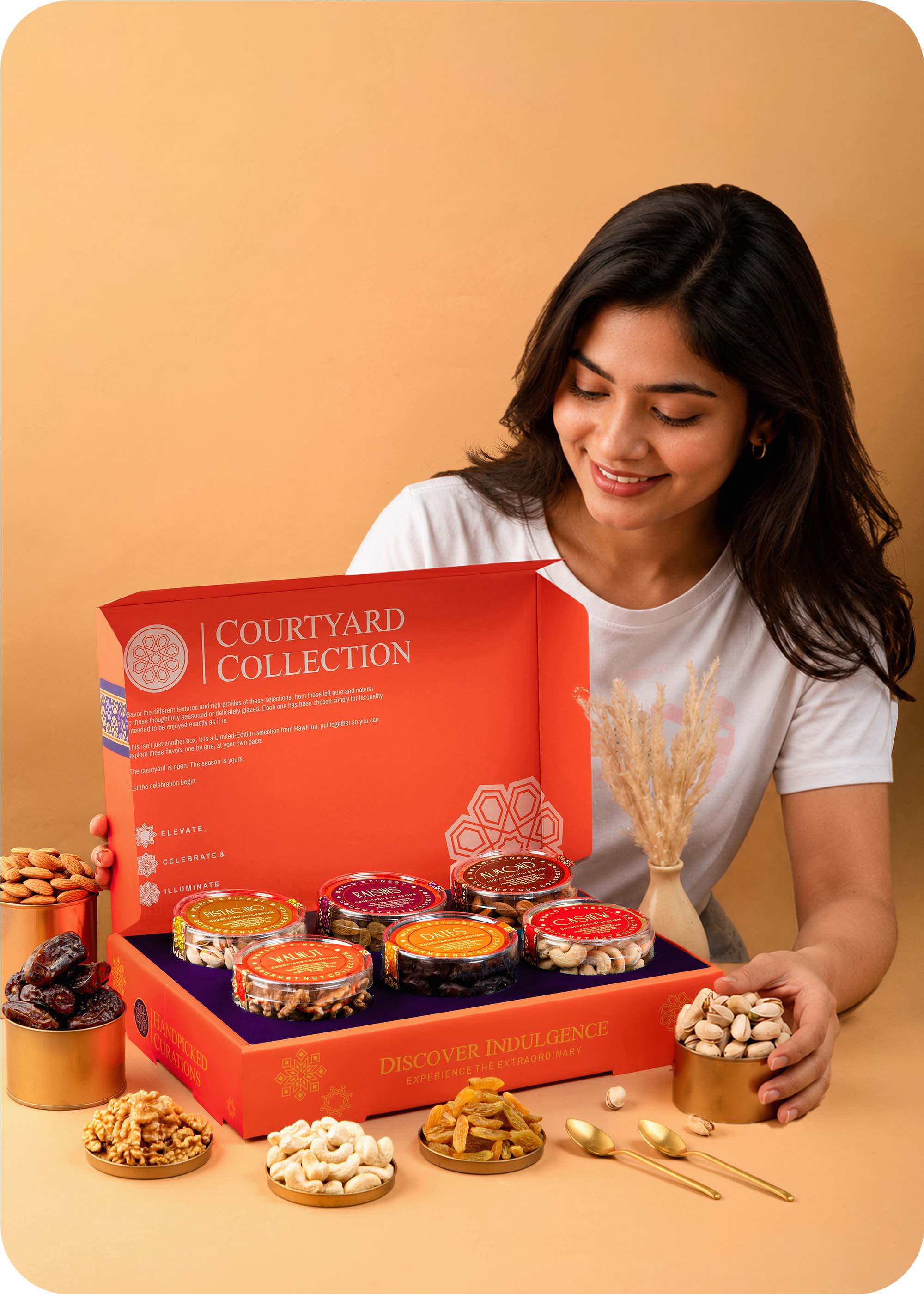 Courtyard Collection - 745 Grams Set of 6 Dry Fruits with Bhaiya Bhabhi Rakhi Set